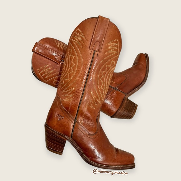 1980s VINTAGE Frye Aztec Geometric Leather Brown Cognac Embroidered Cowboy Boot - Picture 3 of 15